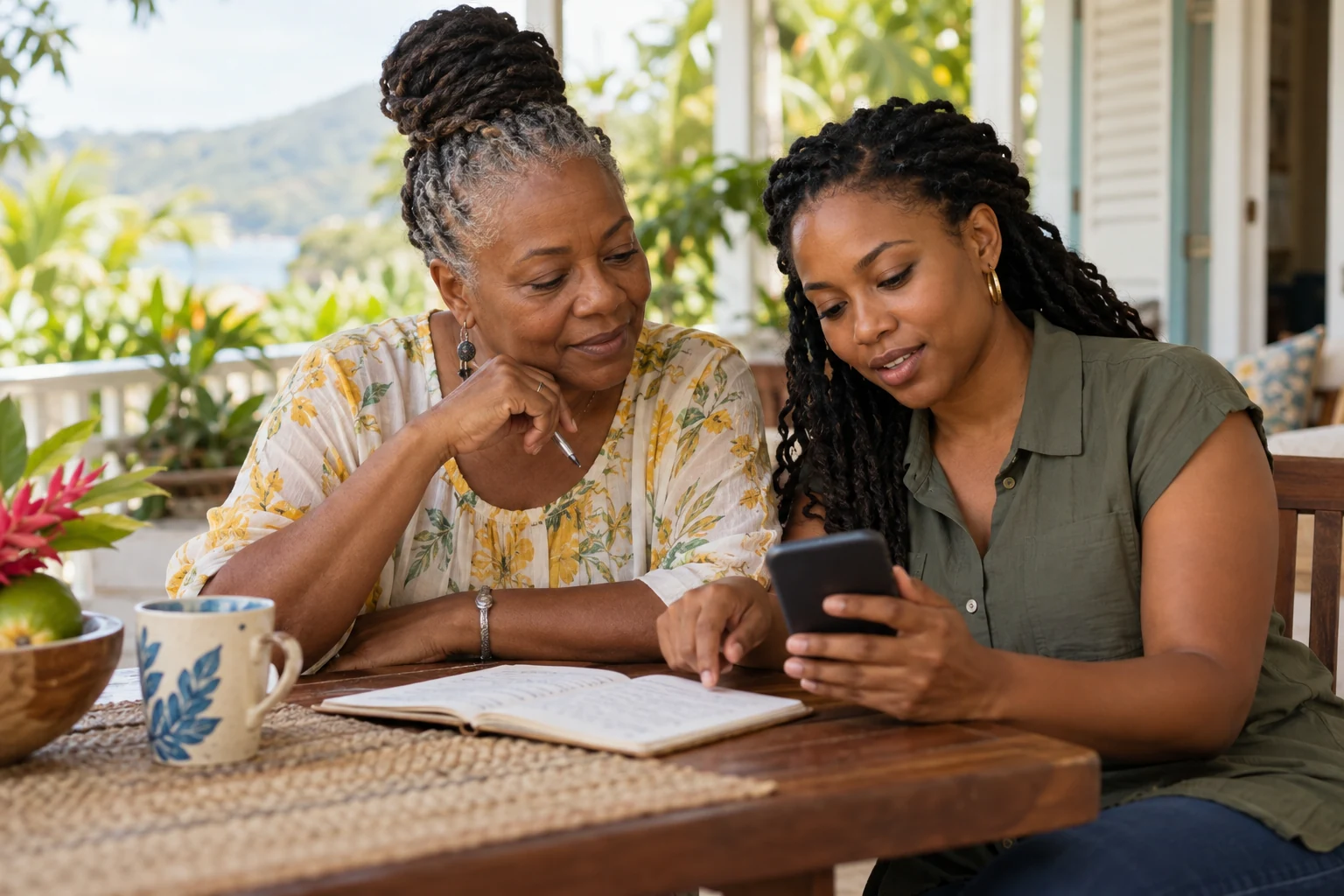 AI-generated illustration of a Caribbean family discussing technology at a table